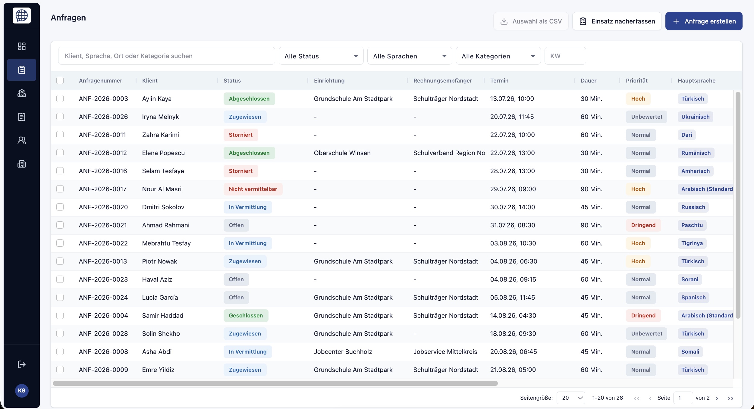 Interplink-Anfragenübersicht mit Filtern, Status, Terminen und Prioritäten