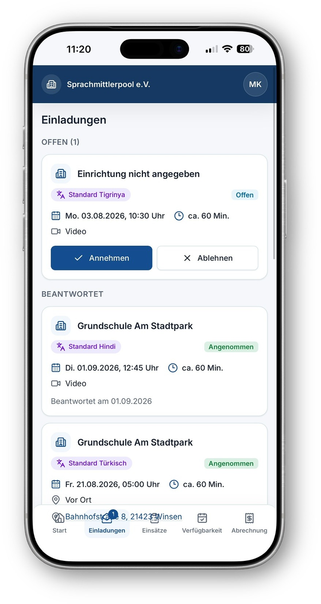 Mobiles Interplink-Sprachmittler-Portal mit offenen und beantworteten Einladungen
