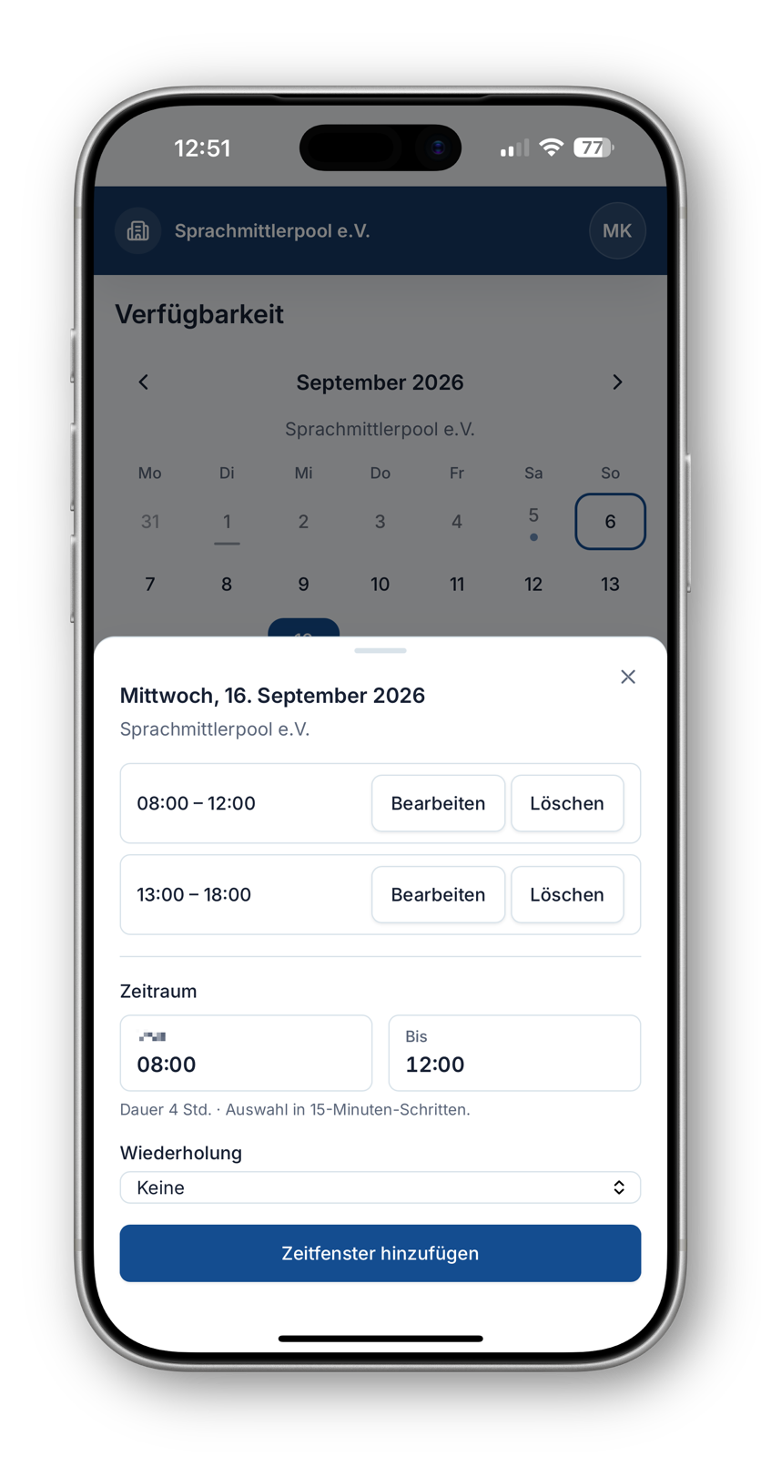 Mobiler Verfügbarkeitskalender mit zwei Zeitfenstern und Formular zum Hinzufügen weiterer Verfügbarkeit